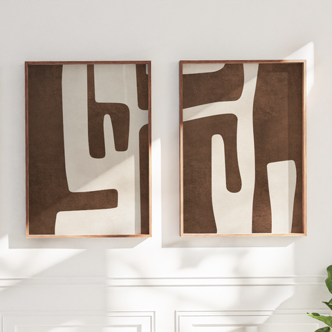Textured Mid Century Modern Abstract Artwork – Home Decor for Living Room/Bedroom/Hallway/Office – Brown – A3 - Set of 2