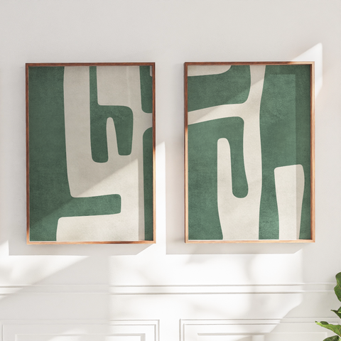 Textured Mid Century Modern Abstract Artwork – Home Decor for Living Room/Bedroom/Hallway/Office – Green – A3 - Set of 2