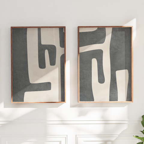 Textured Mid Century Modern Abstract Artwork – Home Decor for Living Room/Bedroom/Hallway/Office – Grey – A3 - Set of 2