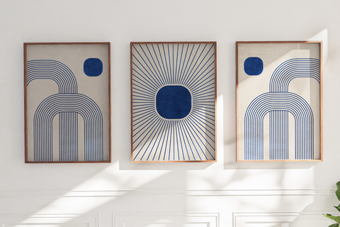 Textured Minimalist Modern Boho Line Art - Home Decor for Living Room Stairs Bedroom Office- Blue - A4 - Set of 3