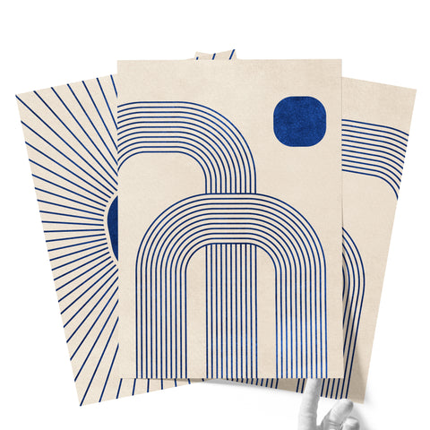Textured Minimalist Modern Boho Line Art - Home Decor for Living Room Stairs Bedroom Office- Blue - A4 - Set of 3