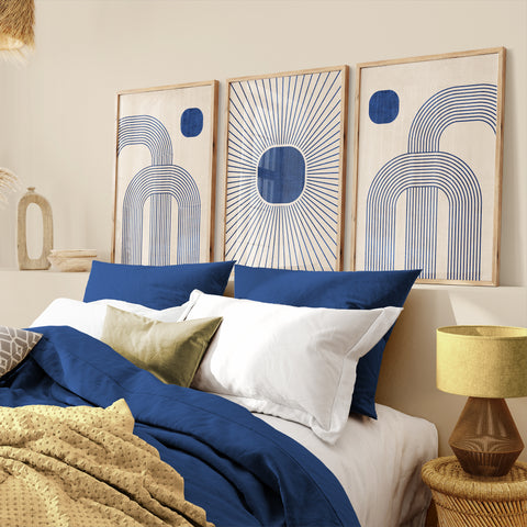Textured Minimalist Modern Boho Line Art - Home Decor for Living Room Stairs Bedroom Office- Blue - A4 - Set of 3
