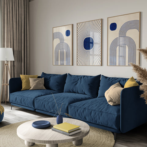 Textured Minimalist Modern Boho Line Art - Home Decor for Living Room Stairs Bedroom Office- Blue - A4 - Set of 3