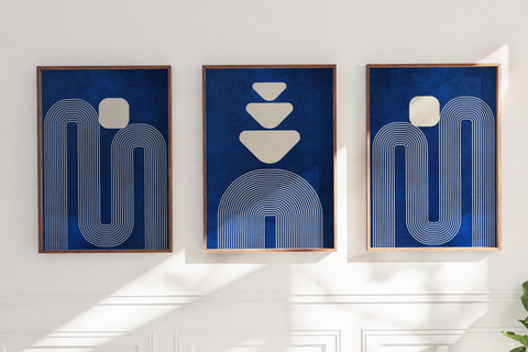 Textured Minimalist Modern Boho Line Art – Home Decor for Living Room/Bedroom/Hallway/Office – Blue - A4 - Set of 3