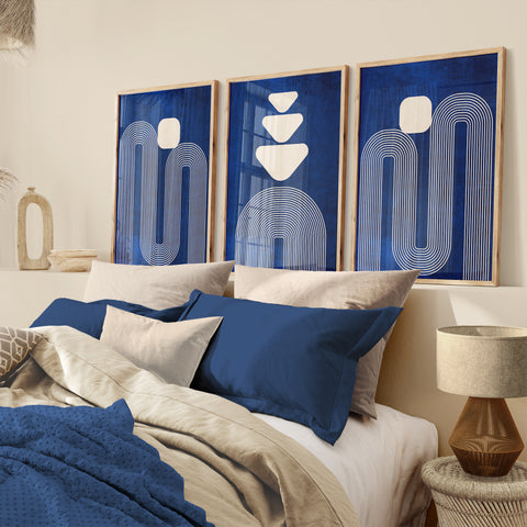 Textured Minimalist Modern Boho Line Art – Home Decor for Living Room/Bedroom/Hallway/Office – Blue - A4 - Set of 3