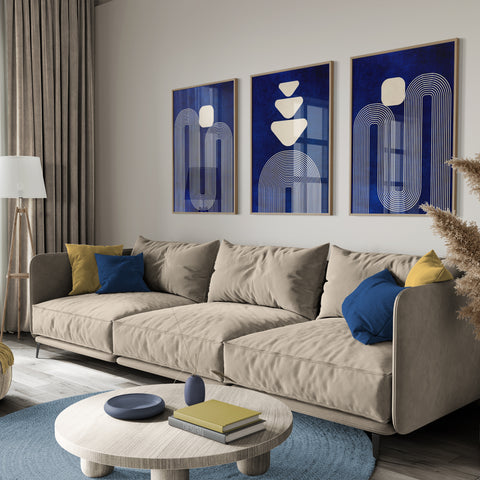 Textured Minimalist Modern Boho Line Art – Home Decor for Living Room/Bedroom/Hallway/Office – Blue - A4 - Set of 3