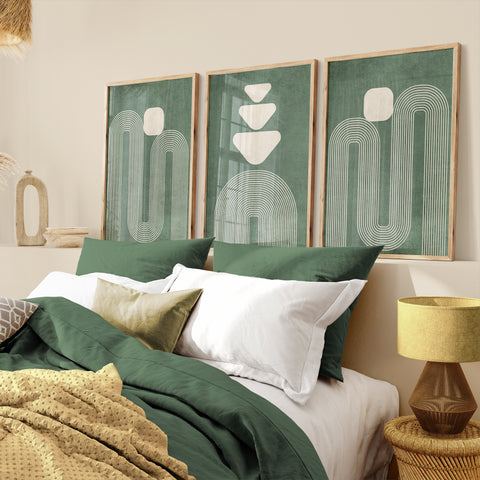Textured Minimalist Modern Boho Line Art – Home Decor for Living Room/Bedroom/Hallway/Office – Green - A4 - Set of 3