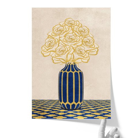 Vintage Vase with Flowers Fine Art Print – Blue - A3- Adam & Alice London - ADAM and ALICE Premium Fine Wall Art Unframed Print – Flowers Art – Vase - Home Decor for Living Room Bedroom Hallway Office – Neutral Background - Grey Blue Green Brown – A3 A4 A2
