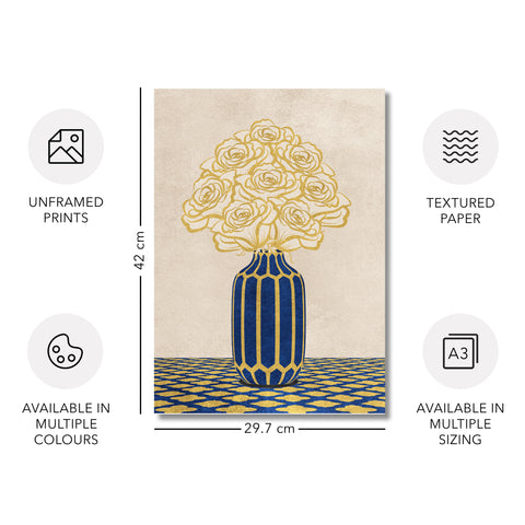 Vintage Vase with Flowers Fine Art Print – Blue - A3- Adam & Alice London - ADAM and ALICE Premium Fine Wall Art Unframed Print – Flowers Art – Vase - Home Decor for Living Room Bedroom Hallway Office – Neutral Background - Grey Blue Green Brown – A3 A4 A2