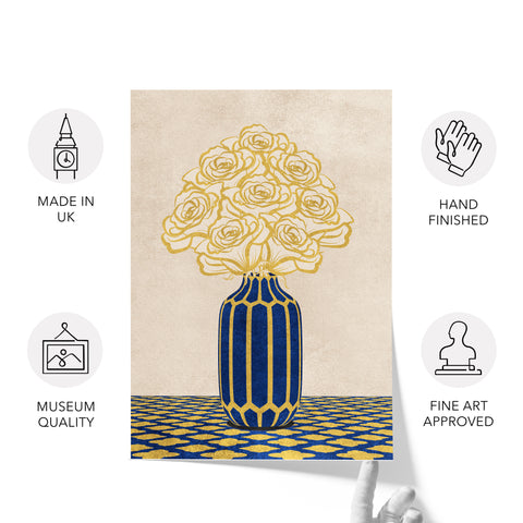 Vintage Vase with Flowers Fine Art Print – Blue - A3- Adam & Alice London - ADAM and ALICE Premium Fine Wall Art Unframed Print – Flowers Art – Vase - Home Decor for Living Room Bedroom Hallway Office – Neutral Background - Grey Blue Green Brown – A3 A4 A2