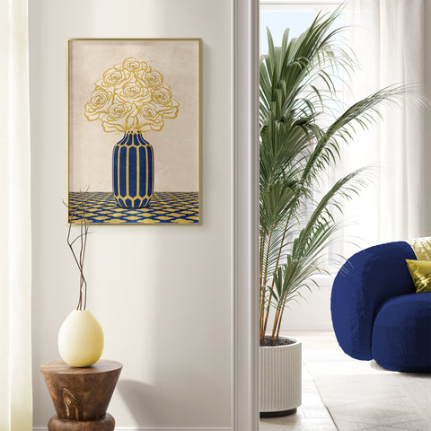 Vintage Vase with Flowers Fine Art Print – Blue - A3- Adam & Alice London - ADAM and ALICE Premium Fine Wall Art Unframed Print – Flowers Art – Vase - Home Decor for Living Room Bedroom Hallway Office – Neutral Background - Grey Blue Green Brown – A3 A4 A2