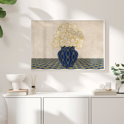 Vintage Vase with Flowers Fine Art Print – Blue - A4- Adam & Alice London - ADAM and ALICE Premium Fine Wall Art Unframed Print – Flowers Art – Vase - Home Decor for Living Room Bedroom Hallway Office – Neutral Background - Grey Blue Green Brown – A3 A4 A2
