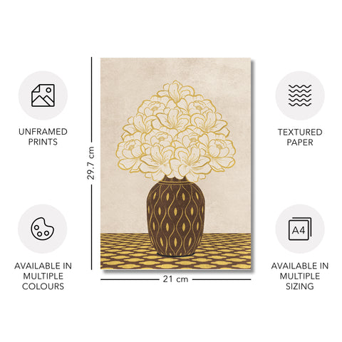 Vintage Vase with Flowers Fine Art Print – Brown - A4- Adam & Alice London - ADAM and ALICE Premium Fine Wall Art Unframed Print – Flowers Art – Vase - Home Decor for Living Room Bedroom Hallway Office – Neutral Background - Grey Blue Green Brown – A3 A4 A2