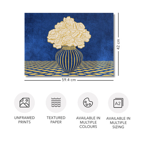 Vintage Vase with Flowers Fine Art Print – Dark Background – Blue - A2- Adam & Alice London - ADAM and ALICE Premium Fine Wall Art Unframed Print – Flowers Art – Vase - Home Decor for Living Room Bedroom Hallway Office – Neutral Background - Grey Blue Green Brown – A3 A4 A2