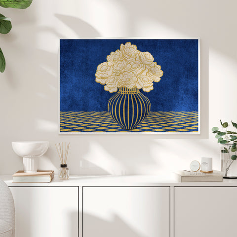 Vintage Vase with Flowers Fine Art Print – Dark Background – Blue - A2- Adam & Alice London - ADAM and ALICE Premium Fine Wall Art Unframed Print – Flowers Art – Vase - Home Decor for Living Room Bedroom Hallway Office – Neutral Background - Grey Blue Green Brown – A3 A4 A2