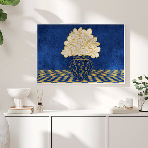 Vintage Vase with Flowers Fine Art Print – Dark Background – Blue - A2- Adam & Alice London - ADAM and ALICE Premium Fine Wall Art Unframed Print – Flowers Art – Vase - Home Decor for Living Room Bedroom Hallway Office – Neutral Background - Grey Blue Green Brown – A3 A4 A2