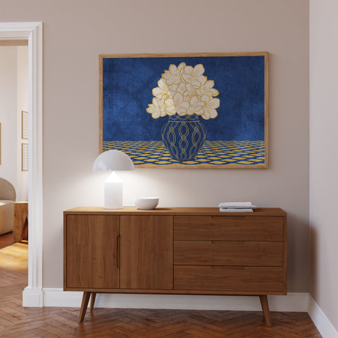 Vintage Vase with Flowers Fine Art Print – Dark Background – Blue - A2- Adam & Alice London - ADAM and ALICE Premium Fine Wall Art Unframed Print – Flowers Art – Vase - Home Decor for Living Room Bedroom Hallway Office – Neutral Background - Grey Blue Green Brown – A3 A4 A2