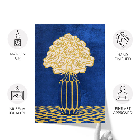 Vintage Vase with Flowers Fine Art Print – Dark Background – Blue - A3- Adam & Alice London - ADAM and ALICE Premium Fine Wall Art Unframed Print – Flowers Art – Vase - Home Decor for Living Room Bedroom Hallway Office – Neutral Background - Grey Blue Green Brown – A3 A4 A2