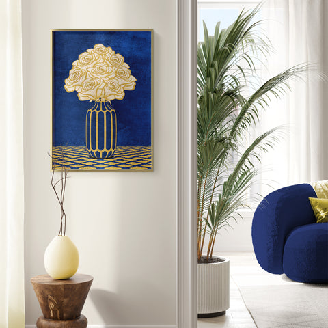 Vintage Vase with Flowers Fine Art Print – Dark Background – Blue - A3- Adam & Alice London - ADAM and ALICE Premium Fine Wall Art Unframed Print – Flowers Art – Vase - Home Decor for Living Room Bedroom Hallway Office – Neutral Background - Grey Blue Green Brown – A3 A4 A2