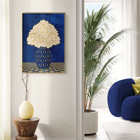 Vintage Vase with Flowers Fine Art Print – Dark Background – Blue - A3- Adam & Alice London - ADAM and ALICE Premium Fine Wall Art Unframed Print – Flowers Art – Vase - Home Decor for Living Room Bedroom Hallway Office – Neutral Background - Grey Blue Green Brown – A3 A4 A2