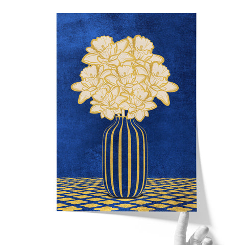 Vintage Vase with Flowers Fine Art Print – Dark Background – Blue - A4- Adam & Alice London - ADAM and ALICE Premium Fine Wall Art Unframed Print – Flowers Art – Vase - Home Decor for Living Room Bedroom Hallway Office – Neutral Background - Grey Blue Green Brown – A3 A4 A2