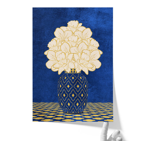 Vintage Vase with Flowers Fine Art Print – Dark Background – Blue - A4- Adam & Alice London - ADAM and ALICE Premium Fine Wall Art Unframed Print – Flowers Art – Vase - Home Decor for Living Room Bedroom Hallway Office – Neutral Background - Grey Blue Green Brown – A3 A4 A2