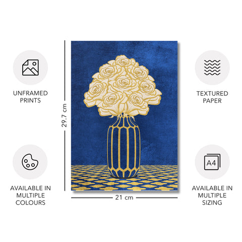 Vintage Vase with Flowers Fine Art Print – Dark Background – Blue - A4- Adam & Alice London - ADAM and ALICE Premium Fine Wall Art Unframed Print – Flowers Art – Vase - Home Decor for Living Room Bedroom Hallway Office – Neutral Background - Grey Blue Green Brown – A3 A4 A2
