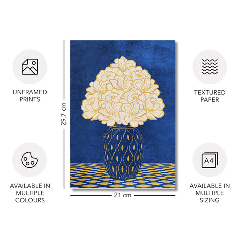 Vintage Vase with Flowers Fine Art Print – Dark Background – Blue - A4- Adam & Alice London - ADAM and ALICE Premium Fine Wall Art Unframed Print – Flowers Art – Vase - Home Decor for Living Room Bedroom Hallway Office – Neutral Background - Grey Blue Green Brown – A3 A4 A2
