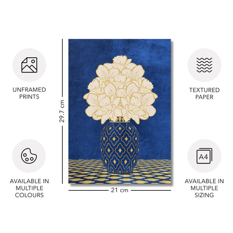 Vintage Vase with Flowers Fine Art Print – Dark Background – Blue - A4- Adam & Alice London - ADAM and ALICE Premium Fine Wall Art Unframed Print – Flowers Art – Vase - Home Decor for Living Room Bedroom Hallway Office – Neutral Background - Grey Blue Green Brown – A3 A4 A2