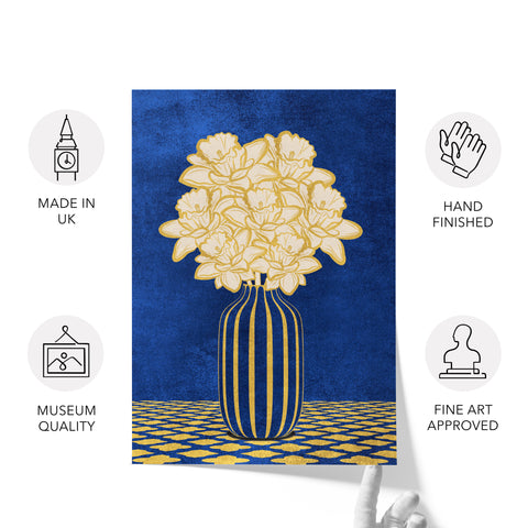 Vintage Vase with Flowers Fine Art Print – Dark Background – Blue - A4- Adam & Alice London - ADAM and ALICE Premium Fine Wall Art Unframed Print – Flowers Art – Vase - Home Decor for Living Room Bedroom Hallway Office – Neutral Background - Grey Blue Green Brown – A3 A4 A2