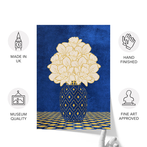 Vintage Vase with Flowers Fine Art Print – Dark Background – Blue - A4- Adam & Alice London - ADAM and ALICE Premium Fine Wall Art Unframed Print – Flowers Art – Vase - Home Decor for Living Room Bedroom Hallway Office – Neutral Background - Grey Blue Green Brown – A3 A4 A2