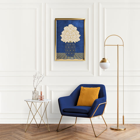 Vintage Vase with Flowers Fine Art Print – Dark Background – Blue - A4- Adam & Alice London - ADAM and ALICE Premium Fine Wall Art Unframed Print – Flowers Art – Vase - Home Decor for Living Room Bedroom Hallway Office – Neutral Background - Grey Blue Green Brown – A3 A4 A2