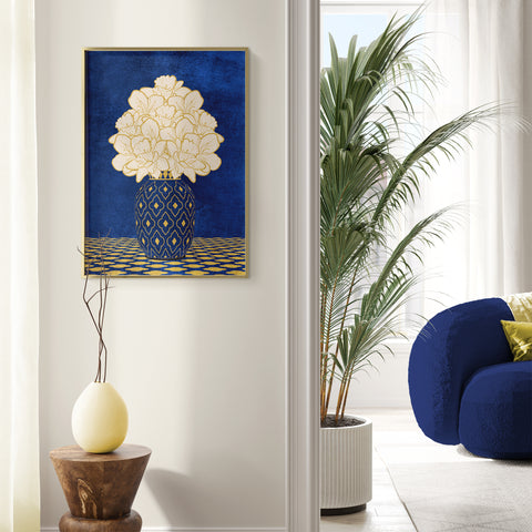 Vintage Vase with Flowers Fine Art Print – Dark Background – Blue - A4- Adam & Alice London - ADAM and ALICE Premium Fine Wall Art Unframed Print – Flowers Art – Vase - Home Decor for Living Room Bedroom Hallway Office – Neutral Background - Grey Blue Green Brown – A3 A4 A2
