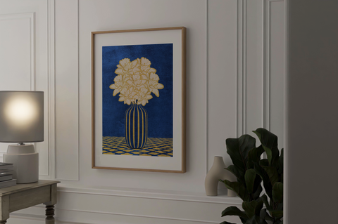 Vintage Vase with Flowers Fine Art Print – Dark Background – Blue - A4- Adam & Alice London - ADAM and ALICE Premium Fine Wall Art Unframed Print – Flowers Art – Vase - Home Decor for Living Room Bedroom Hallway Office – Neutral Background - Grey Blue Green Brown – A3 A4 A2
