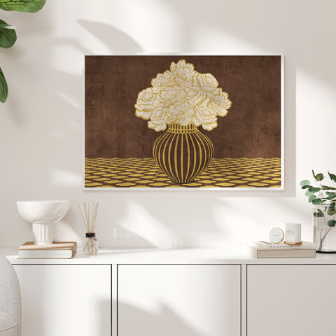 Vintage Vase with Flowers Fine Art Print – Dark Background – Brown - A2- Adam & Alice London - ADAM and ALICE Premium Fine Wall Art Unframed Print – Flowers Art – Vase - Home Decor for Living Room Bedroom Hallway Office – Neutral Background - Grey Blue Green Brown – A3 A4 A2