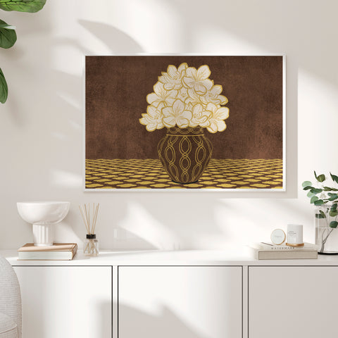 Vintage Vase with Flowers Fine Art Print – Dark Background – Brown - A2- Adam & Alice London - ADAM and ALICE Premium Fine Wall Art Unframed Print – Flowers Art – Vase - Home Decor for Living Room Bedroom Hallway Office – Neutral Background - Grey Blue Green Brown – A3 A4 A2
