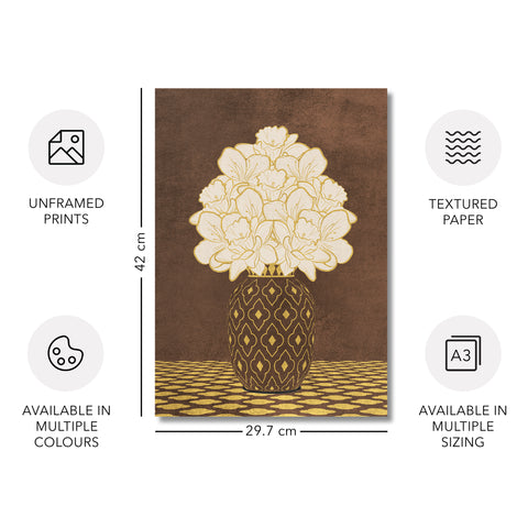 Vintage Vase with Flowers Fine Art Print – Dark Background – Brown - A4- Adam & Alice London - ADAM and ALICE Premium Fine Wall Art Unframed Print – Flowers Art – Vase - Home Decor for Living Room Bedroom Hallway Office – Neutral Background - Grey Blue Green Brown – A3 A4 A2