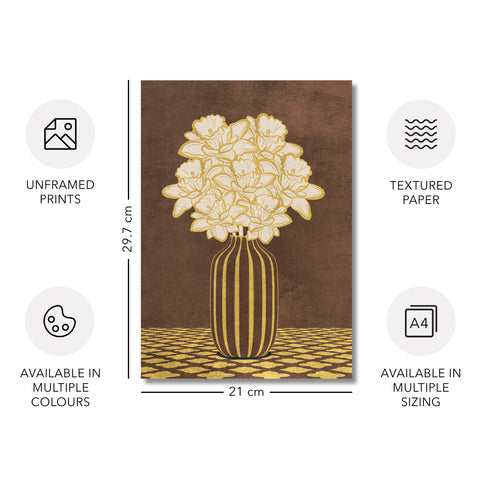 Vintage Vase with Flowers Fine Art Print – Dark Background – Brown - A4- Adam & Alice London - ADAM and ALICE Premium Fine Wall Art Unframed Print – Flowers Art – Vase - Home Decor for Living Room Bedroom Hallway Office – Neutral Background - Grey Blue Green Brown – A3 A4 A2