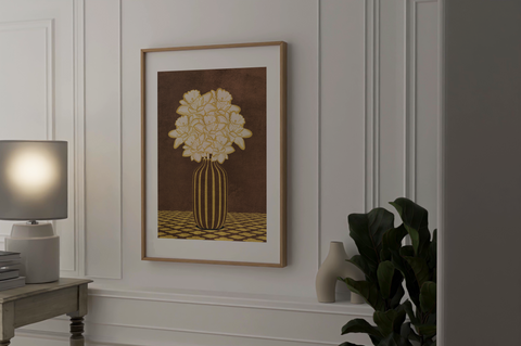 Vintage Vase with Flowers Fine Art Print – Dark Background – Brown - A4- Adam & Alice London - ADAM and ALICE Premium Fine Wall Art Unframed Print – Flowers Art – Vase - Home Decor for Living Room Bedroom Hallway Office – Neutral Background - Grey Blue Green Brown – A3 A4 A2