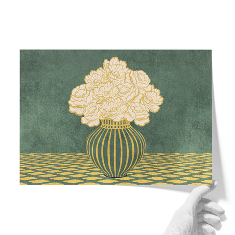 Vintage Vase with Flowers Fine Art Print – Dark Background – Green - A2- Adam & Alice London - ADAM and ALICE Premium Fine Wall Art Unframed Print – Flowers Art – Vase - Home Decor for Living Room Bedroom Hallway Office – Neutral Background - Grey Blue Green Brown – A3 A4 A2