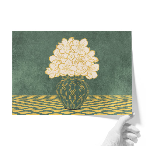 Vintage Vase with Flowers Fine Art Print – Dark Background – Green - A2- Adam & Alice London - ADAM and ALICE Premium Fine Wall Art Unframed Print – Flowers Art – Vase - Home Decor for Living Room Bedroom Hallway Office – Neutral Background - Grey Blue Green Brown – A3 A4 A2