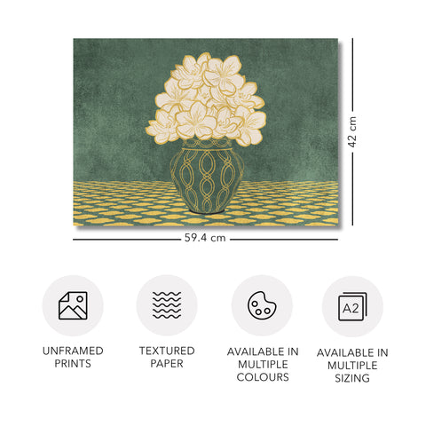 Vintage Vase with Flowers Fine Art Print – Dark Background – Green - A2- Adam & Alice London - ADAM and ALICE Premium Fine Wall Art Unframed Print – Flowers Art – Vase - Home Decor for Living Room Bedroom Hallway Office – Neutral Background - Grey Blue Green Brown – A3 A4 A2