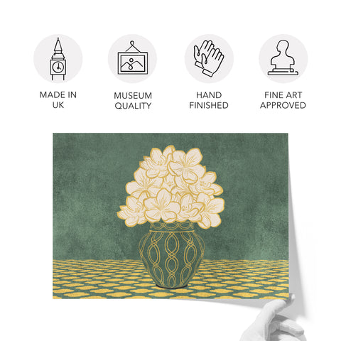 Vintage Vase with Flowers Fine Art Print – Dark Background – Green - A2- Adam & Alice London - ADAM and ALICE Premium Fine Wall Art Unframed Print – Flowers Art – Vase - Home Decor for Living Room Bedroom Hallway Office – Neutral Background - Grey Blue Green Brown – A3 A4 A2