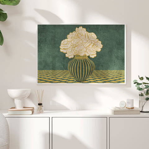 Vintage Vase with Flowers Fine Art Print – Dark Background – Green - A2- Adam & Alice London - ADAM and ALICE Premium Fine Wall Art Unframed Print – Flowers Art – Vase - Home Decor for Living Room Bedroom Hallway Office – Neutral Background - Grey Blue Green Brown – A3 A4 A2