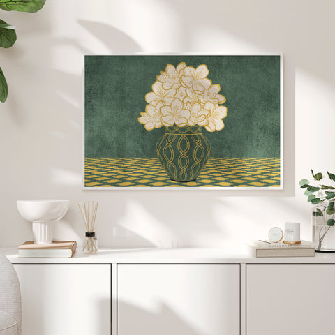 Vintage Vase with Flowers Fine Art Print – Dark Background – Green - A2- Adam & Alice London - ADAM and ALICE Premium Fine Wall Art Unframed Print – Flowers Art – Vase - Home Decor for Living Room Bedroom Hallway Office – Neutral Background - Grey Blue Green Brown – A3 A4 A2