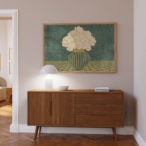Vintage Vase with Flowers Fine Art Print – Dark Background – Green - A2- Adam & Alice London - ADAM and ALICE Premium Fine Wall Art Unframed Print – Flowers Art – Vase - Home Decor for Living Room Bedroom Hallway Office – Neutral Background - Grey Blue Green Brown – A3 A4 A2