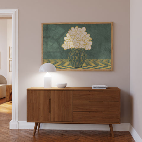Vintage Vase with Flowers Fine Art Print – Dark Background – Green - A2- Adam & Alice London - ADAM and ALICE Premium Fine Wall Art Unframed Print – Flowers Art – Vase - Home Decor for Living Room Bedroom Hallway Office – Neutral Background - Grey Blue Green Brown – A3 A4 A2