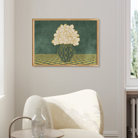Vintage Vase with Flowers Fine Art Print – Dark Background – Green - A2- Adam & Alice London - ADAM and ALICE Premium Fine Wall Art Unframed Print – Flowers Art – Vase - Home Decor for Living Room Bedroom Hallway Office – Neutral Background - Grey Blue Green Brown – A3 A4 A2