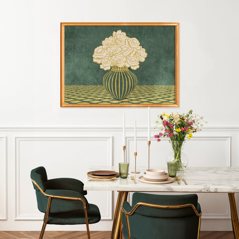 Vintage Vase with Flowers Fine Art Print – Dark Background – Green - A2- Adam & Alice London - ADAM and ALICE Premium Fine Wall Art Unframed Print – Flowers Art – Vase - Home Decor for Living Room Bedroom Hallway Office – Neutral Background - Grey Blue Green Brown – A3 A4 A2