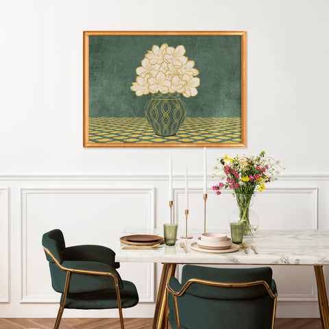 Vintage Vase with Flowers Fine Art Print – Dark Background – Green - A2- Adam & Alice London - ADAM and ALICE Premium Fine Wall Art Unframed Print – Flowers Art – Vase - Home Decor for Living Room Bedroom Hallway Office – Neutral Background - Grey Blue Green Brown – A3 A4 A2